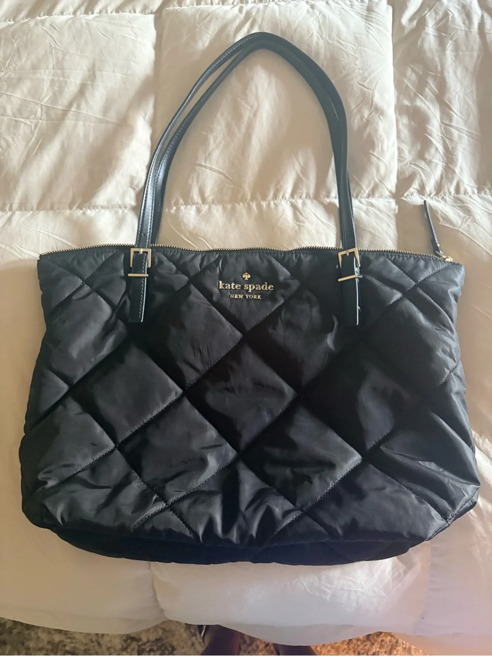 kate spade Black Quilted Nylon Tote with Gold Logo Accent